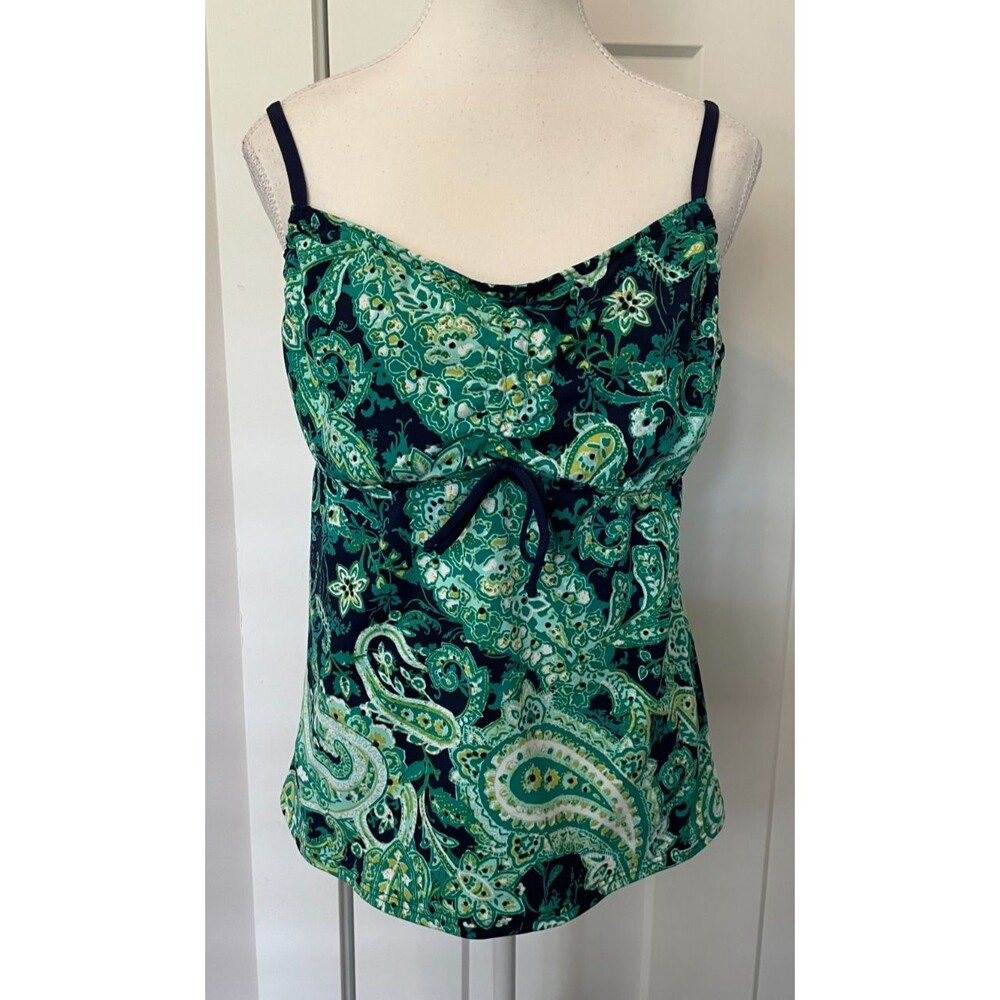 LANDS END Womens SWIM TOP Bathing Suit GREEN Blue PAISLEY Underwire Bra Size 14